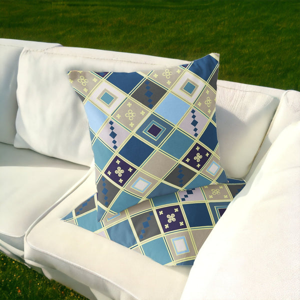 Homeroots Set Of Two 16" X 16" Blue And Gold Blown Seam Diamond Indoor Outdoor Throw Pillow  Polyester 535499