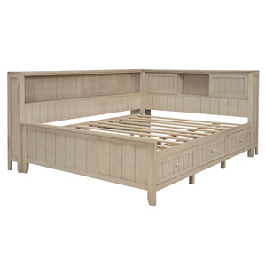 English Elm Full Full Size Wood Daybed with 3 Drawers & Shelves, Antique White Milk Finish — Storage, Charm, 400lb Capacity GX002214AAK