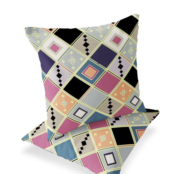 Homeroots Set Of Two 16" X 16" Pink And Black Blown Seam Diamond Indoor Outdoor Throw Pillow  Polyester 535501