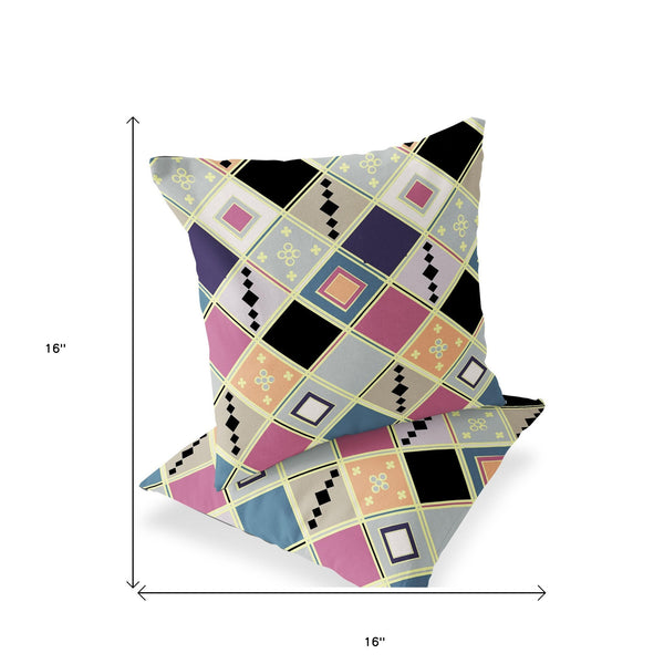 Homeroots Set Of Two 16" X 16" Pink And Black Blown Seam Diamond Indoor Outdoor Throw Pillow  Polyester 535501