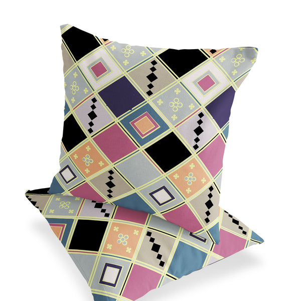 Homeroots Set Of Two 16" X 16" Pink And Black Blown Seam Diamond Indoor Outdoor Throw Pillow  Polyester 535501