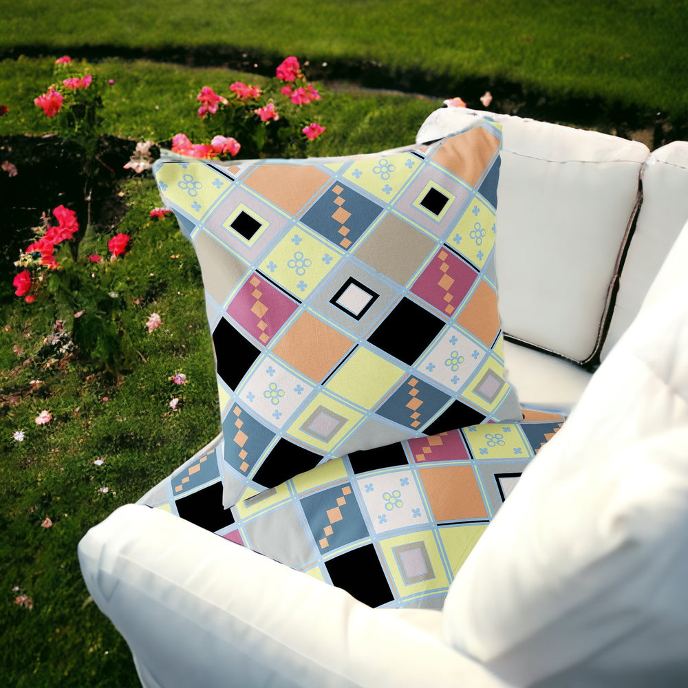 Homeroots Set Of Two 16" X 16" Yellow And Black Blown Seam Diamond Indoor Outdoor Throw Pillow  Polyester 535502