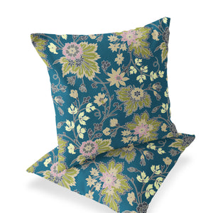 Homeroots Set Of Two 16" X 16" Green And Yellow Blown Seam Floral Indoor Outdoor Throw Pillow  Polyester 535506