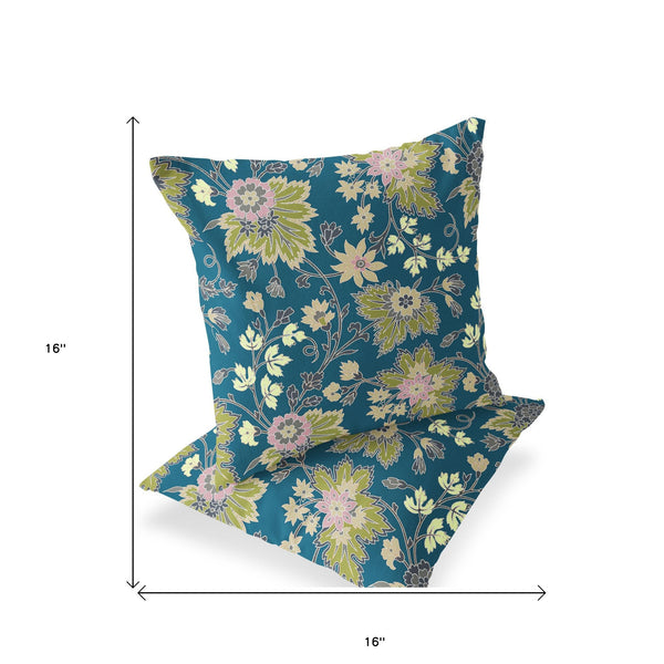 Homeroots Set Of Two 16" X 16" Green And Yellow Blown Seam Floral Indoor Outdoor Throw Pillow  Polyester 535506