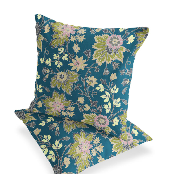 Homeroots Set Of Two 16" X 16" Green And Yellow Blown Seam Floral Indoor Outdoor Throw Pillow  Polyester 535506