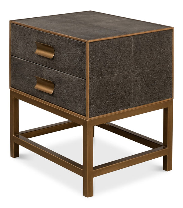 Sarreid Gideon Antique Grey Shagreen Side Table With Gold Leather Trim And Elegant Brass Knobs For Style Grey  53551-1