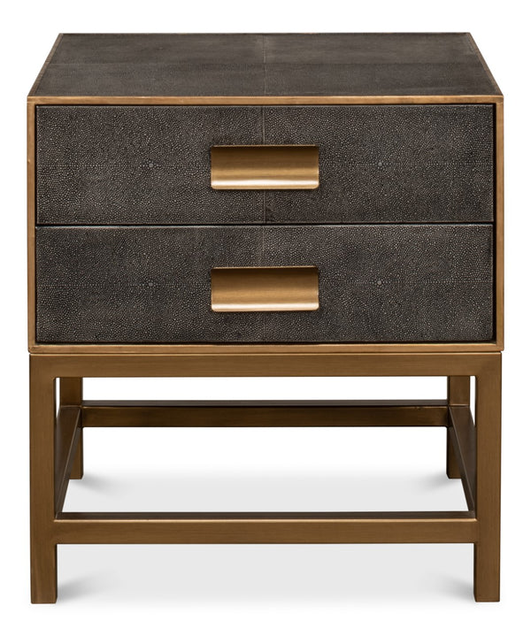 Sarreid Gideon Antique Grey Shagreen Side Table With Gold Leather Trim And Elegant Brass Knobs For Style Grey  53551-1