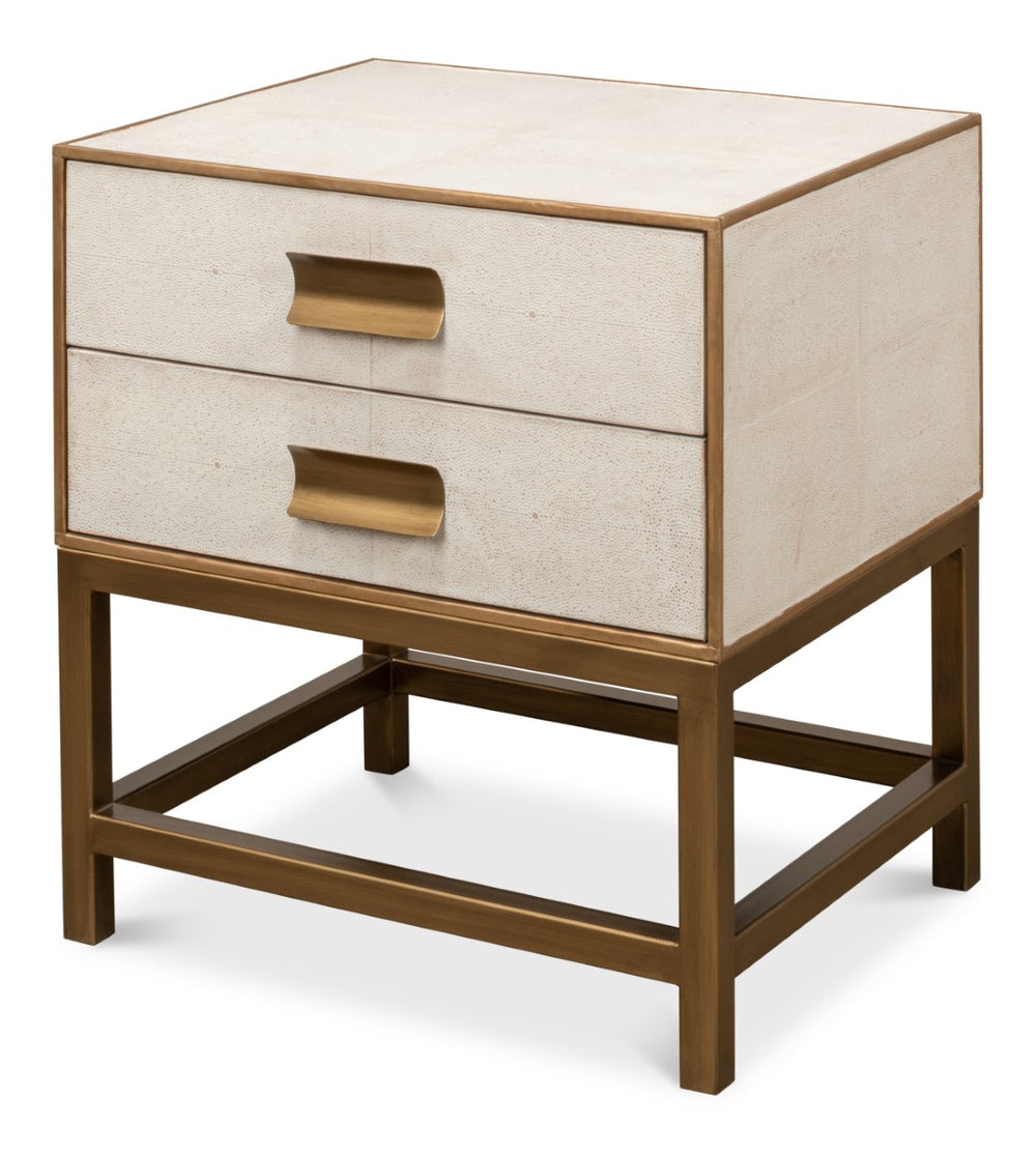 Sarreid Gideon Shagreen Side Table In Osprey White With Gold Leather Trim & Elegant Brass Knobs White  53551-4