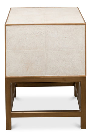 Sarreid Gideon Shagreen Side Table In Osprey White With Gold Leather Trim & Elegant Brass Knobs White  53551-4