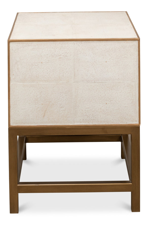 Sarreid Gideon Shagreen Side Table In Osprey White With Gold Leather Trim & Elegant Brass Knobs White  53551-4