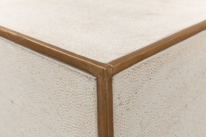 Sarreid Gideon Shagreen Side Table In Osprey White With Gold Leather Trim & Elegant Brass Knobs White  53551-4