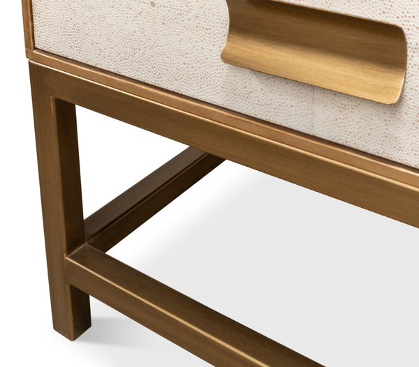Sarreid Gideon Shagreen Side Table In Osprey White With Gold Leather Trim & Elegant Brass Knobs White  53551-4