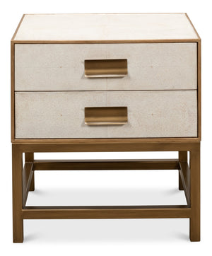 Sarreid Gideon Shagreen Side Table In Osprey White With Gold Leather Trim & Elegant Brass Knobs White  53551-4
