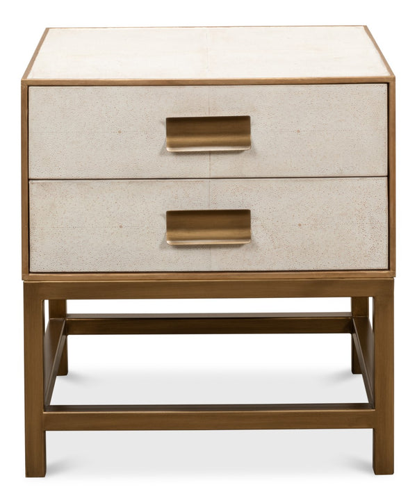 Sarreid Gideon Shagreen Side Table In Osprey White With Gold Leather Trim & Elegant Brass Knobs White  53551-4