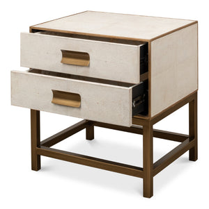 Sarreid Gideon Shagreen Side Table In Osprey White With Gold Leather Trim & Elegant Brass Knobs White  53551-4