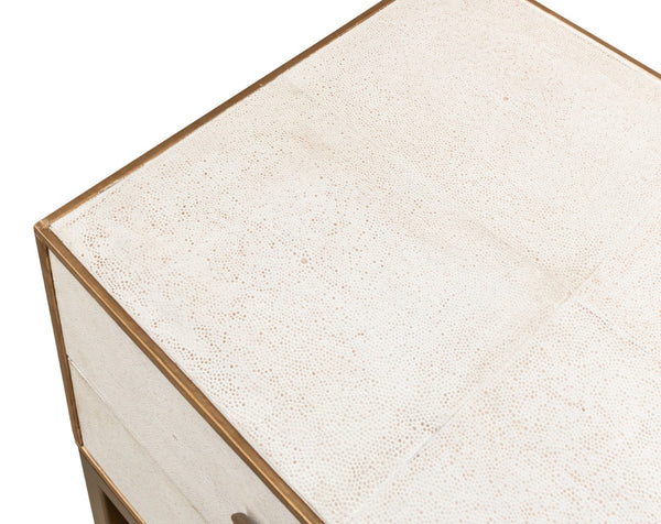 Sarreid Gideon Shagreen Side Table In Osprey White With Gold Leather Trim & Elegant Brass Knobs White  53551-4
