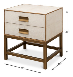 Sarreid Gideon Shagreen Side Table In Osprey White With Gold Leather Trim & Elegant Brass Knobs White  53551-4