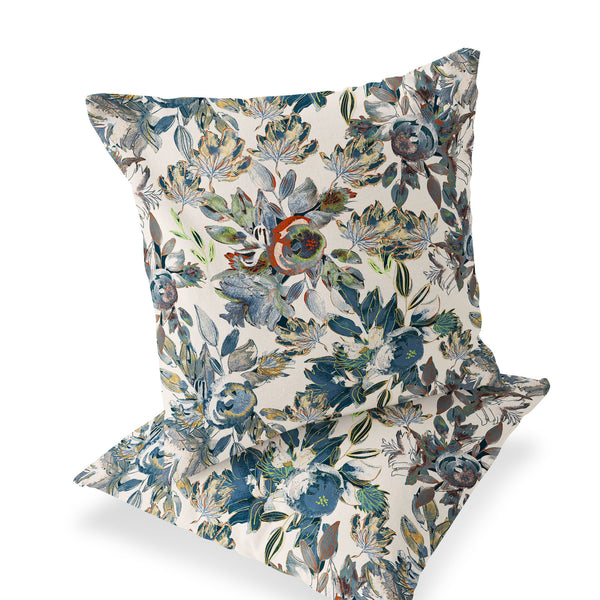 Homeroots Set Of Two 16" X 16" Blue And Green Blown Seam Floral Indoor Outdoor Throw Pillow  Polyester 535511