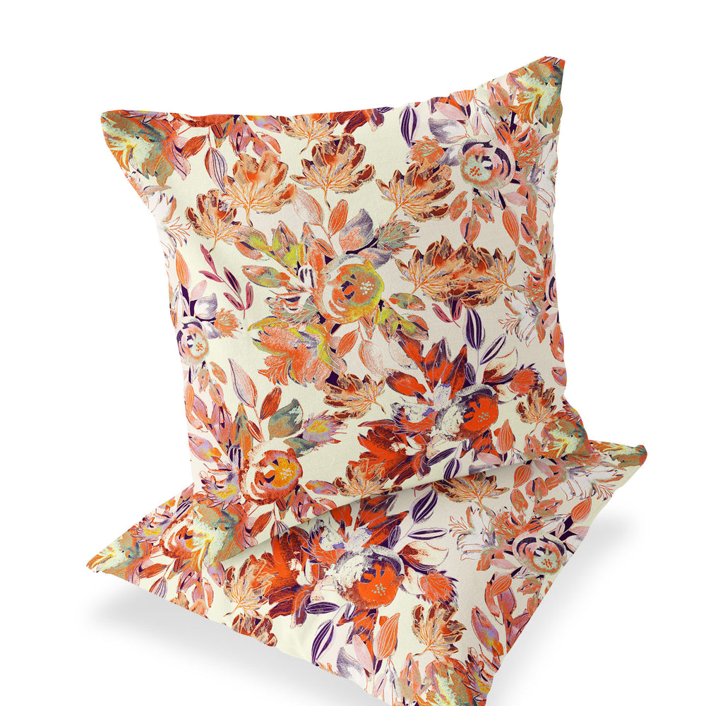 Homeroots Set Of Two 16" X 16" Beige And Red Blown Seam Floral Indoor Outdoor Throw Pillow  Polyester 535513