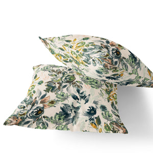 Homeroots Set Of Two 16" X 16" Green And White Blown Seam Floral Indoor Outdoor Throw Pillow  Polyester 535514