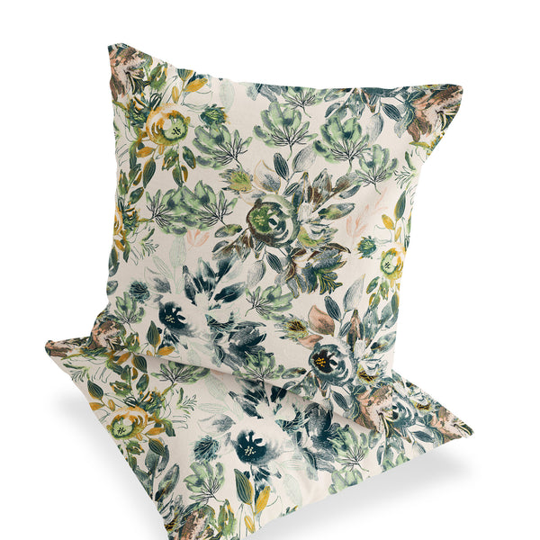 Homeroots Set Of Two 16" X 16" Green And White Blown Seam Floral Indoor Outdoor Throw Pillow  Polyester 535514
