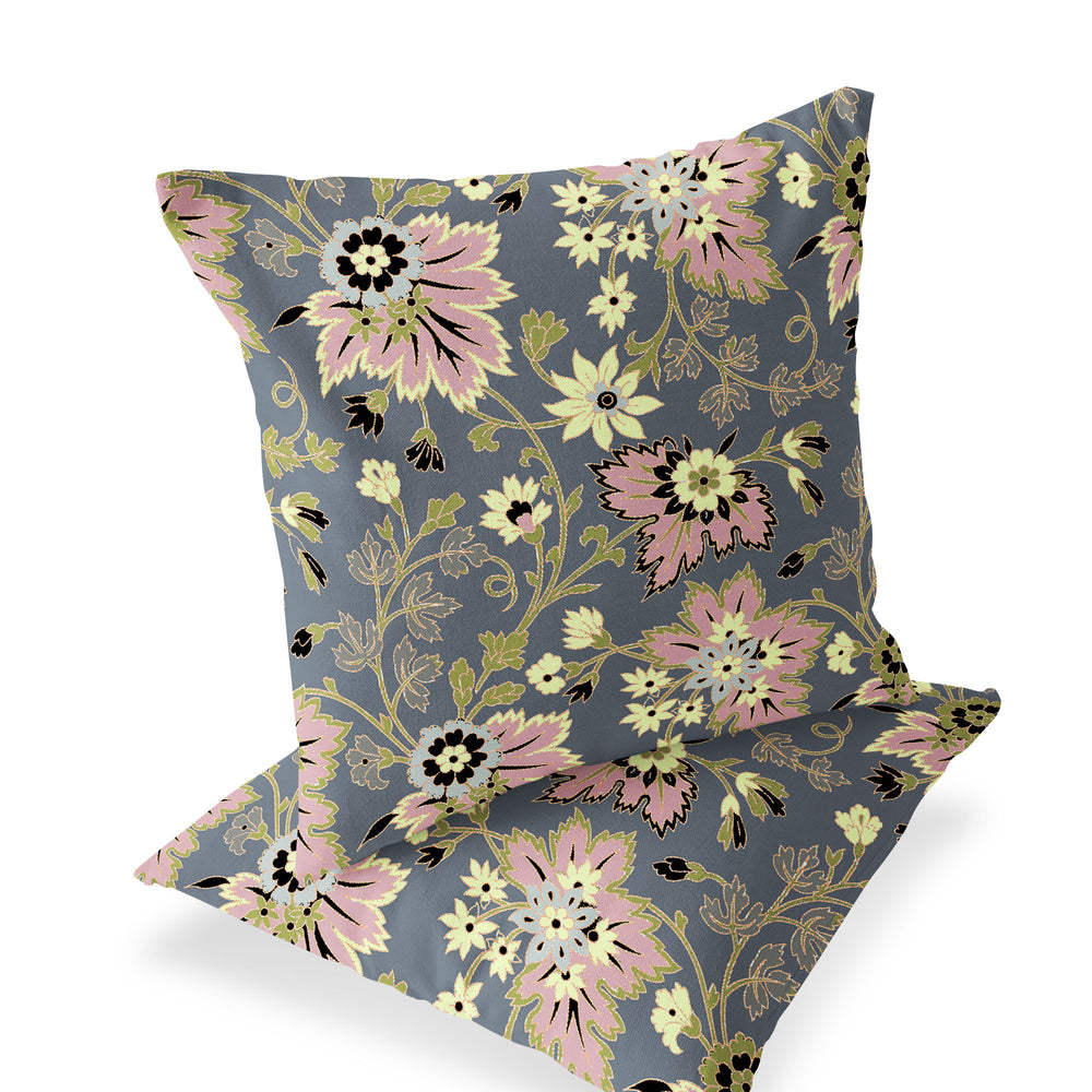 Homeroots Set Of Two 16" X 16" Gray And Pink Blown Seam Floral Indoor Outdoor Throw Pillow  Polyester 535517