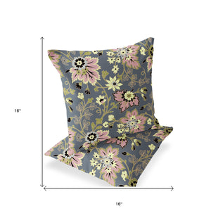 Homeroots Set Of Two 16" X 16" Gray And Pink Blown Seam Floral Indoor Outdoor Throw Pillow  Polyester 535517