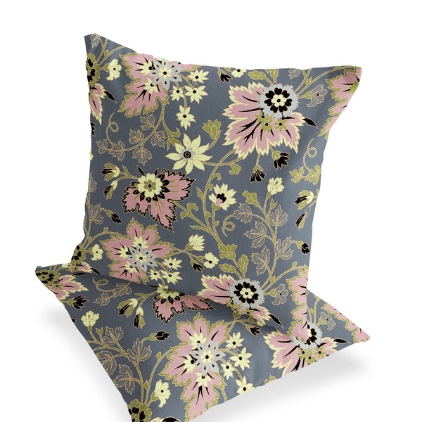 Homeroots Set Of Two 16" X 16" Gray And Pink Blown Seam Floral Indoor Outdoor Throw Pillow  Polyester 535517