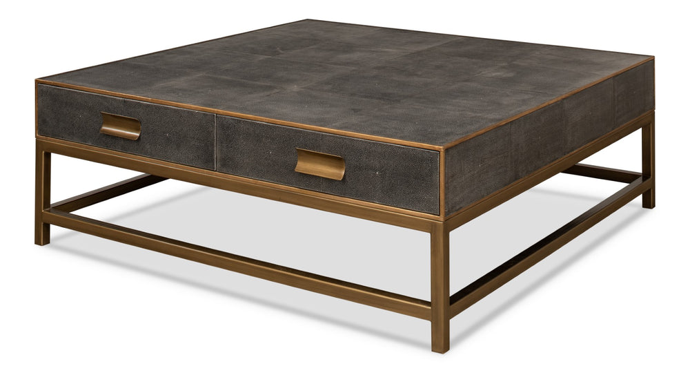Sarreid Gideon Shagreen Square Coffee Table In Antique Grey With Gold Trim And Elegant Brass Knobs Grey  53552-1