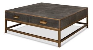 Sarreid Gideon Shagreen Square Coffee Table In Antique Grey With Gold Trim And Elegant Brass Knobs Grey  53552-1