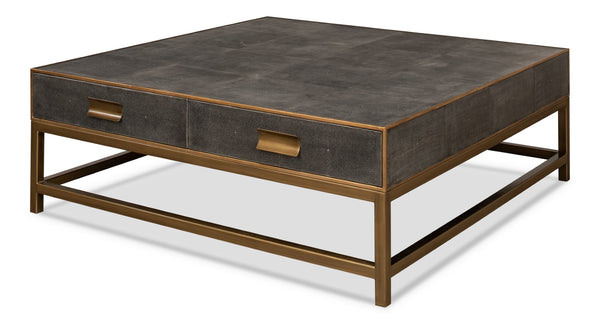 Sarreid Gideon Shagreen Square Coffee Table In Antique Grey With Gold Trim And Elegant Brass Knobs Grey  53552-1