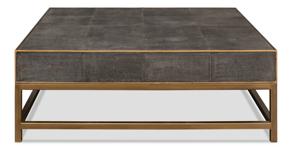 Sarreid Gideon Shagreen Square Coffee Table In Antique Grey With Gold Trim And Elegant Brass Knobs Grey  53552-1