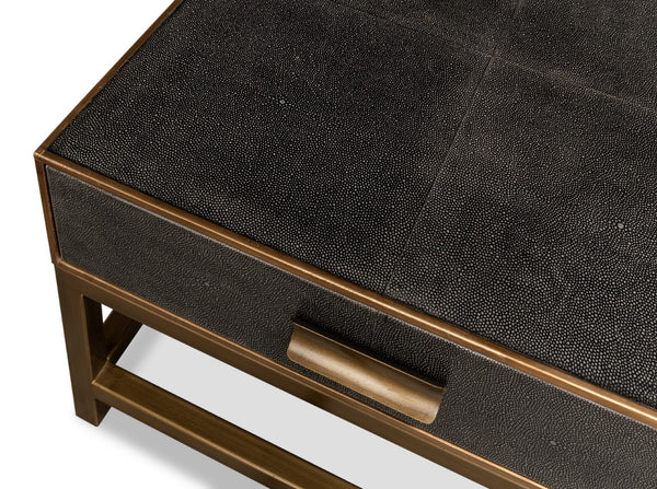 Sarreid Gideon Shagreen Square Coffee Table In Antique Grey With Gold Trim And Elegant Brass Knobs Grey  53552-1