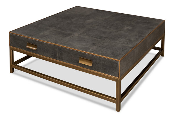 Sarreid Gideon Shagreen Square Coffee Table In Antique Grey With Gold Trim And Elegant Brass Knobs Grey  53552-1