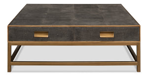 Sarreid Gideon Shagreen Square Coffee Table In Antique Grey With Gold Trim And Elegant Brass Knobs Grey  53552-1