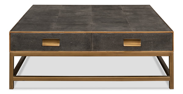 Sarreid Gideon Shagreen Square Coffee Table In Antique Grey With Gold Trim And Elegant Brass Knobs Grey  53552-1
