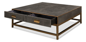 Sarreid Gideon Shagreen Square Coffee Table In Antique Grey With Gold Trim And Elegant Brass Knobs Grey  53552-1