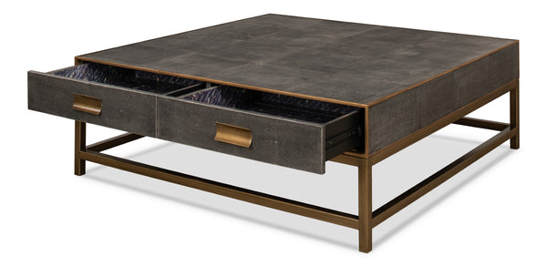 Sarreid Gideon Shagreen Square Coffee Table In Antique Grey With Gold Trim And Elegant Brass Knobs Grey  53552-1