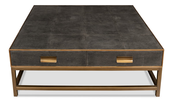 Sarreid Gideon Shagreen Square Coffee Table In Antique Grey With Gold Trim And Elegant Brass Knobs Grey  53552-1