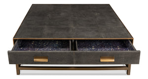 Sarreid Gideon Shagreen Square Coffee Table In Antique Grey With Gold Trim And Elegant Brass Knobs Grey  53552-1