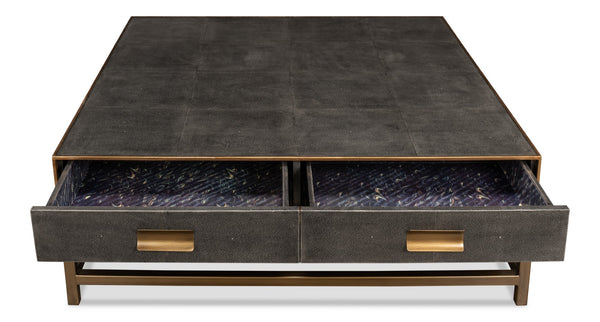 Sarreid Gideon Shagreen Square Coffee Table In Antique Grey With Gold Trim And Elegant Brass Knobs Grey  53552-1