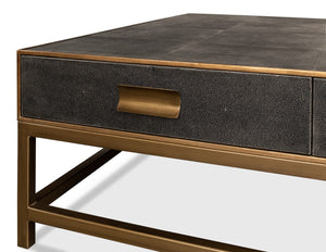 Sarreid Gideon Shagreen Square Coffee Table In Antique Grey With Gold Trim And Elegant Brass Knobs Grey  53552-1