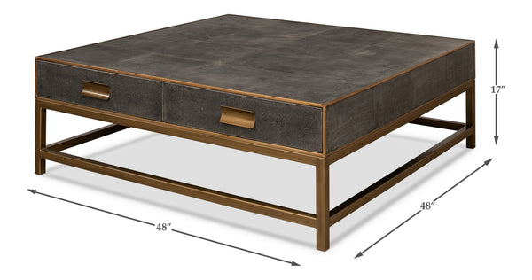 Sarreid Gideon Shagreen Square Coffee Table In Antique Grey With Gold Trim And Elegant Brass Knobs Grey  53552-1