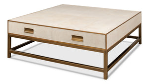 Sarreid Gideon Shagreen Square Coffee Table In Osprey White With Gold Leather Trim & Brass Knobs - Stylish! White  53552-4