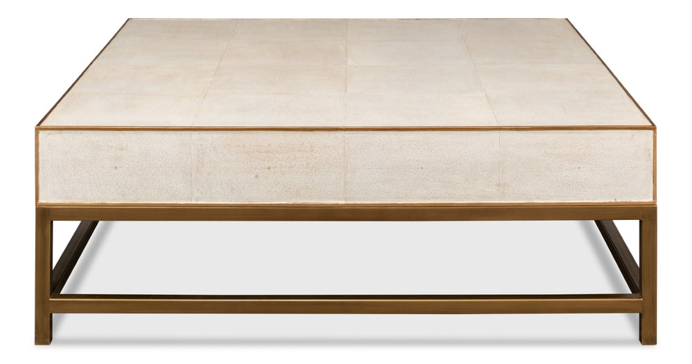 Sarreid Gideon Shagreen Square Coffee Table In Osprey White With Gold Leather Trim & Brass Knobs - Stylish! White  53552-4