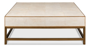 Sarreid Gideon Shagreen Square Coffee Table In Osprey White With Gold Leather Trim & Brass Knobs - Stylish! White  53552-4