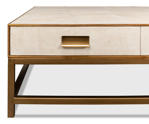 Sarreid Gideon Shagreen Square Coffee Table In Osprey White With Gold Leather Trim & Brass Knobs - Stylish! White  53552-4
