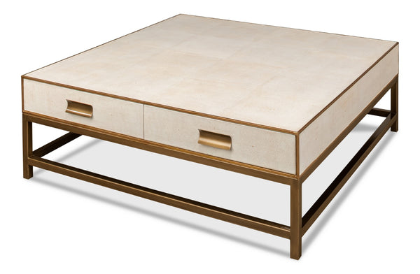 Sarreid Gideon Shagreen Square Coffee Table In Osprey White With Gold Leather Trim & Brass Knobs - Stylish! White  53552-4