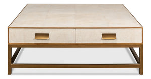 Sarreid Gideon Shagreen Square Coffee Table In Osprey White With Gold Leather Trim & Brass Knobs - Stylish! White  53552-4