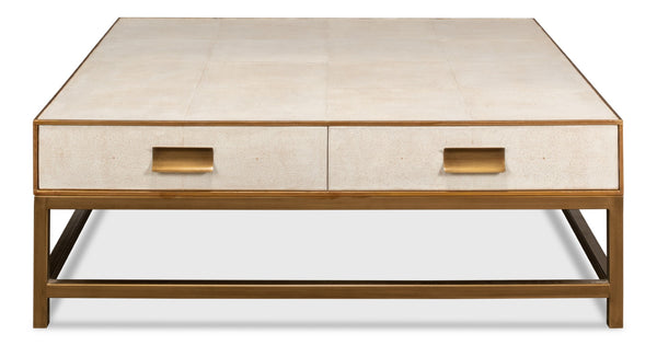 Sarreid Gideon Shagreen Square Coffee Table In Osprey White With Gold Leather Trim & Brass Knobs - Stylish! White  53552-4